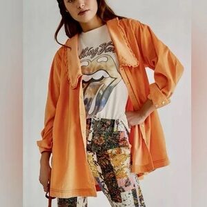 Free People Charlie Cord Pearl Button down Shirt Top in Orange Mango
